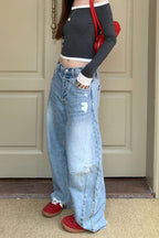 Distressed Curved Wide Leg Vintage Washed Jeans
