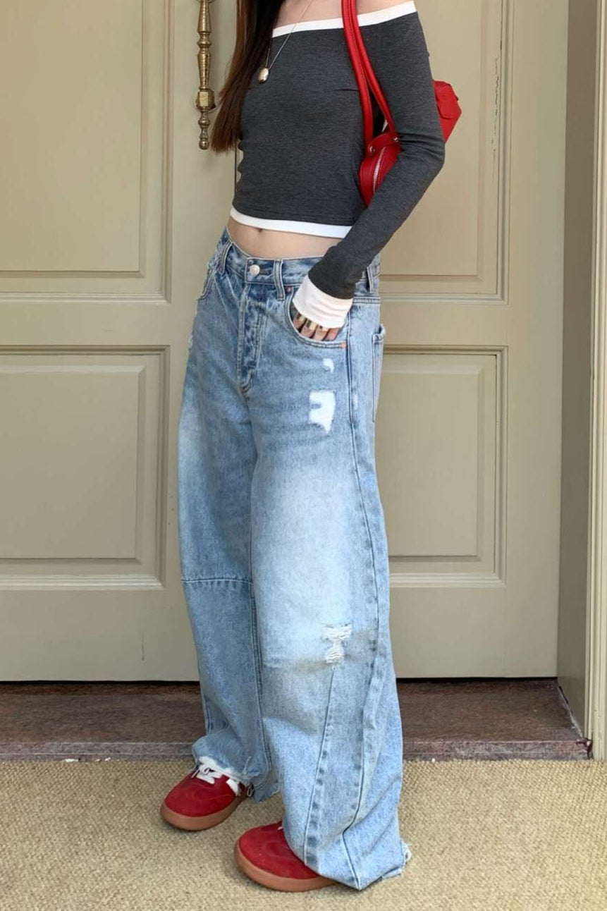 Distressed Curved Wide Leg Vintage Washed Jeans