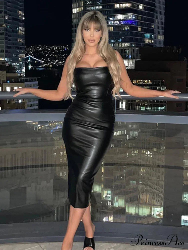 Edgy Faux Pu Leather Sleeveless Backless Slit Summer Midi Dress