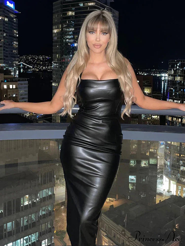 Edgy Faux Pu Leather Sleeveless Backless Slit Summer Midi Dress