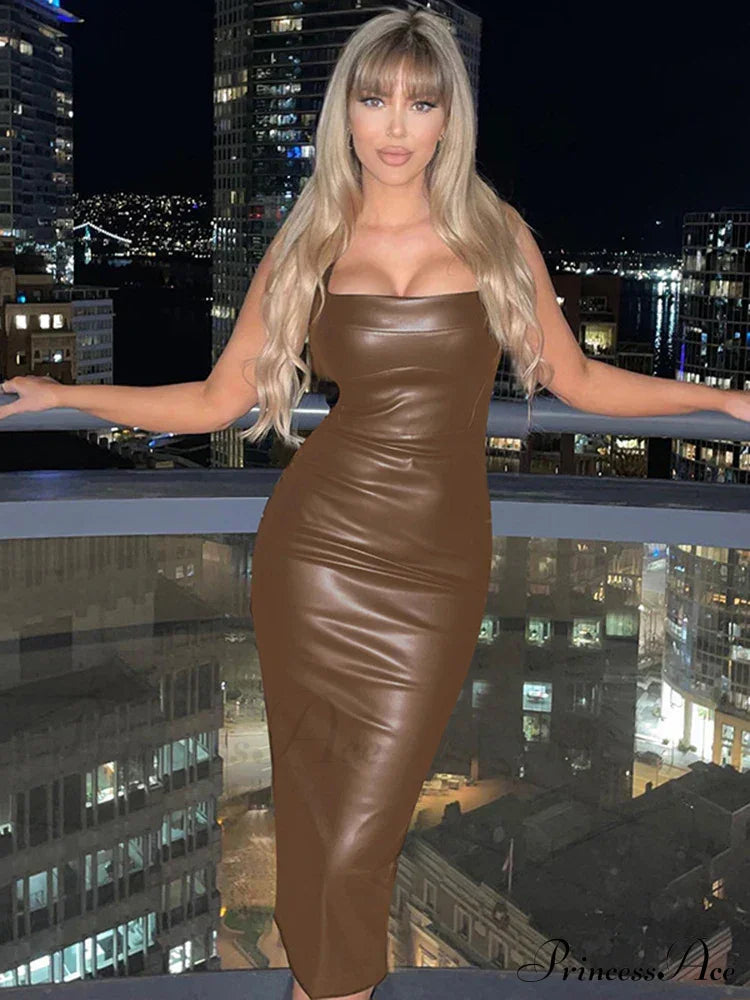 Edgy Faux Pu Leather Sleeveless Backless Slit Summer Midi Dress
