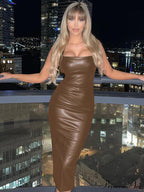 Edgy Faux Pu Leather Sleeveless Backless Slit Summer Midi Dress