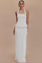 Solid Halter Backless Maxi Formal Dress