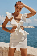 V-Neck Waist Cutout Ruffle Bodycon Mini Dress