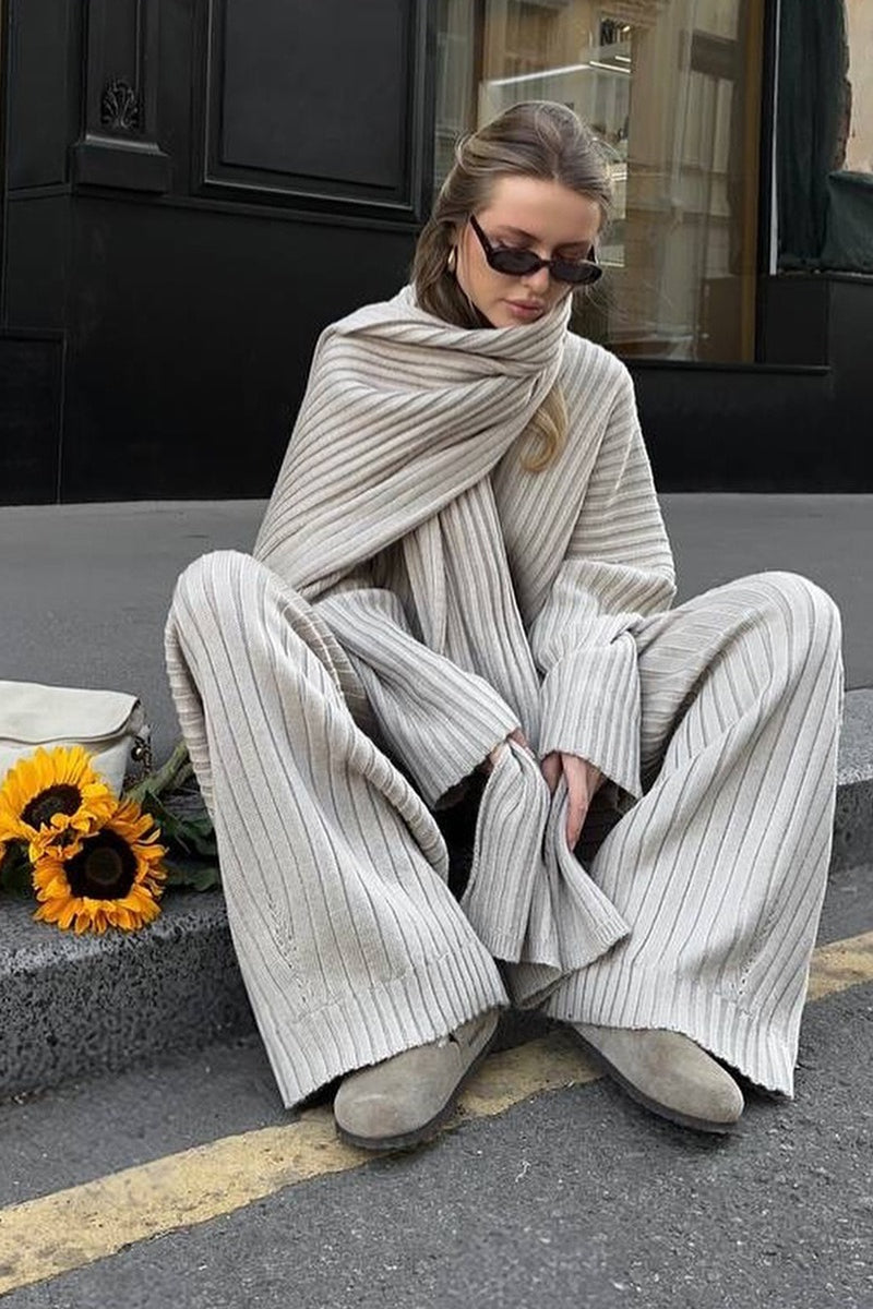 Relaxed Fit V Neck Ribbed Sweater With Pants Two Piece Set