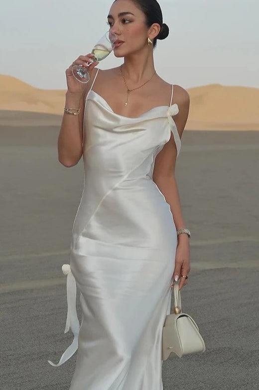 Solid Satin Floral Backless Elegant Maxi Dress