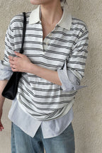 Soft Wool Striped Polo Collar Long Sleeve Tee