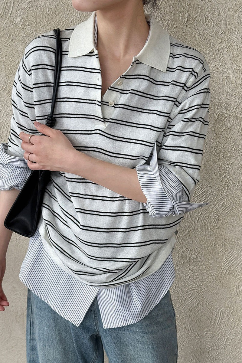 Soft Wool Striped Polo Collar Long Sleeve Tee