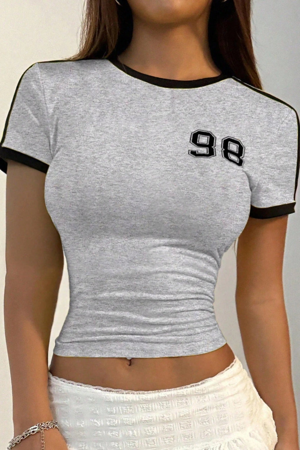 Sweet Round Neck Printed Cropped T-Shirt
