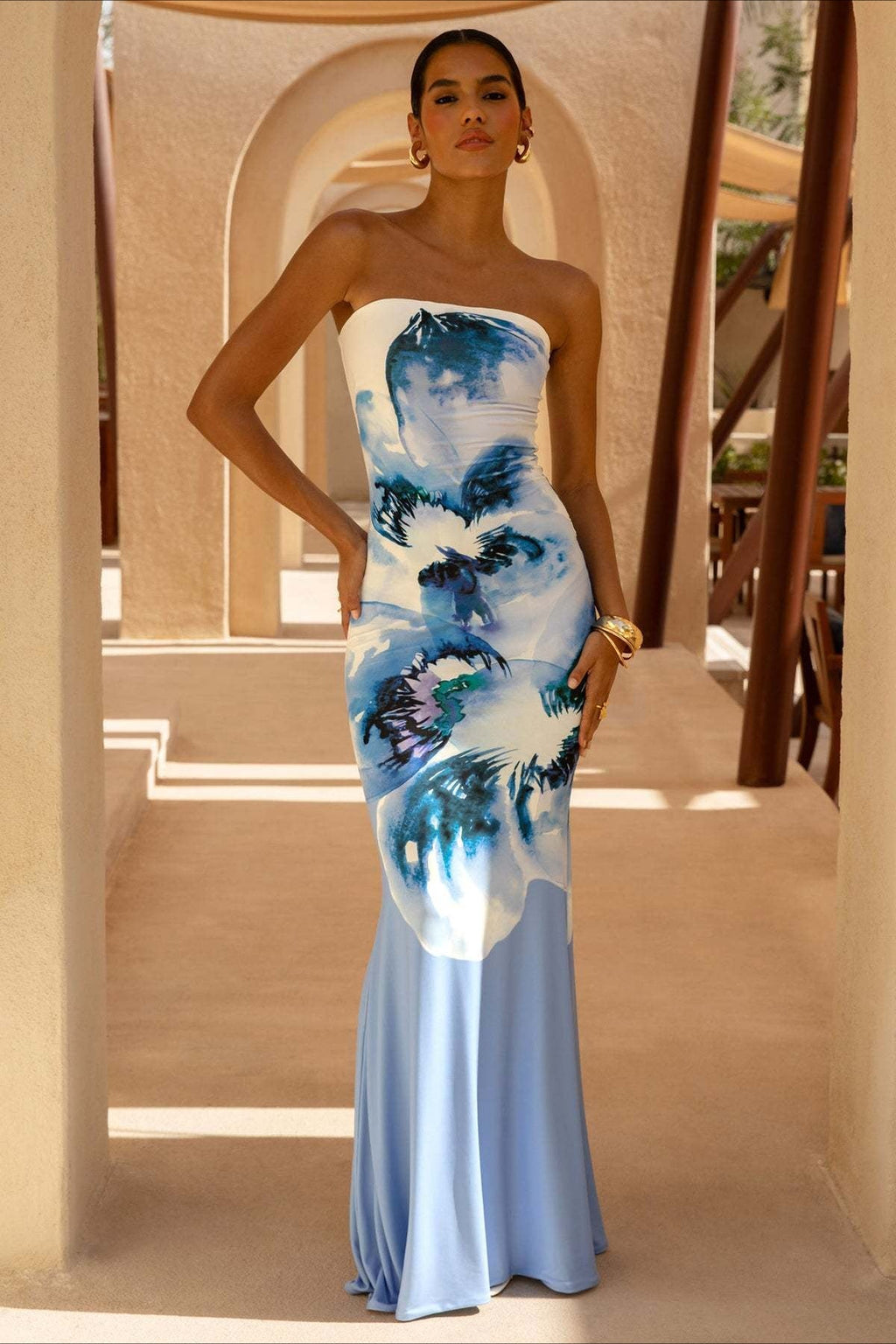 Bandeau Mermaid Floral Print Maxi Dress