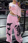 Drapey Letter Graphic Drawcord Curved Sweat Pants