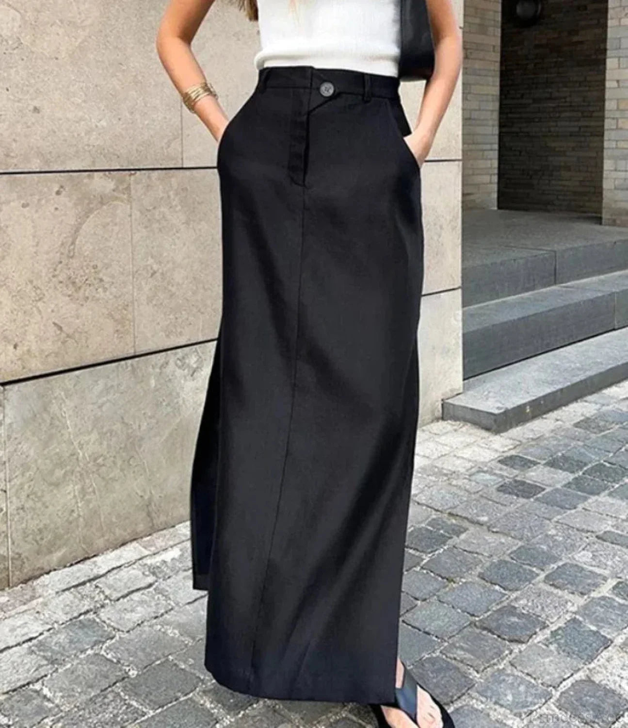 Elastic Button Cotton Split Skirt