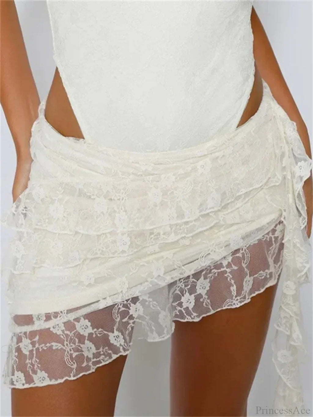 Elastic Low Waist Lace Floral Mini Skirt Irregular Hem