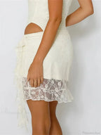 Elastic Low Waist Lace Floral Mini Skirt Irregular Hem