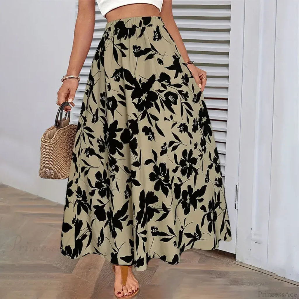 Elastic Waist Flowers Printed A-Line Skirt Summer Elegant