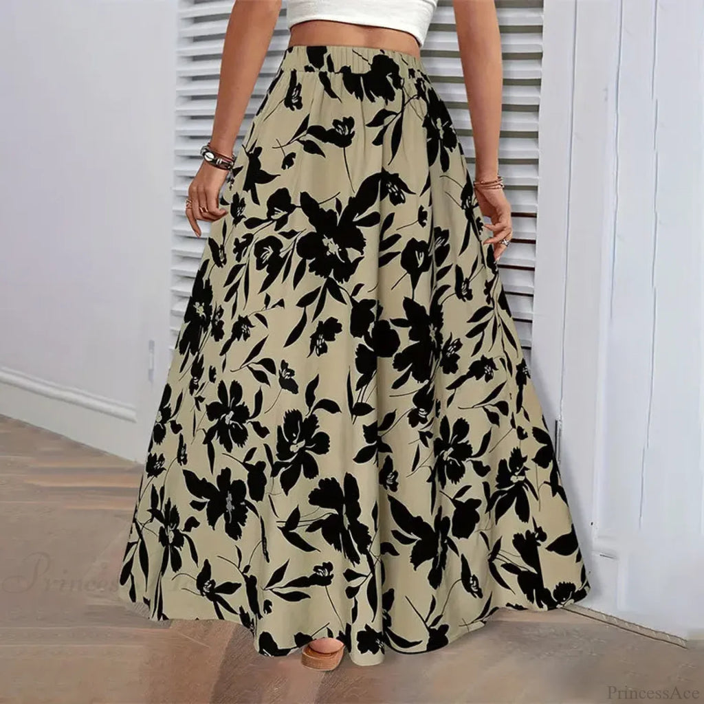 Elastic Waist Flowers Printed A-Line Skirt Summer Elegant