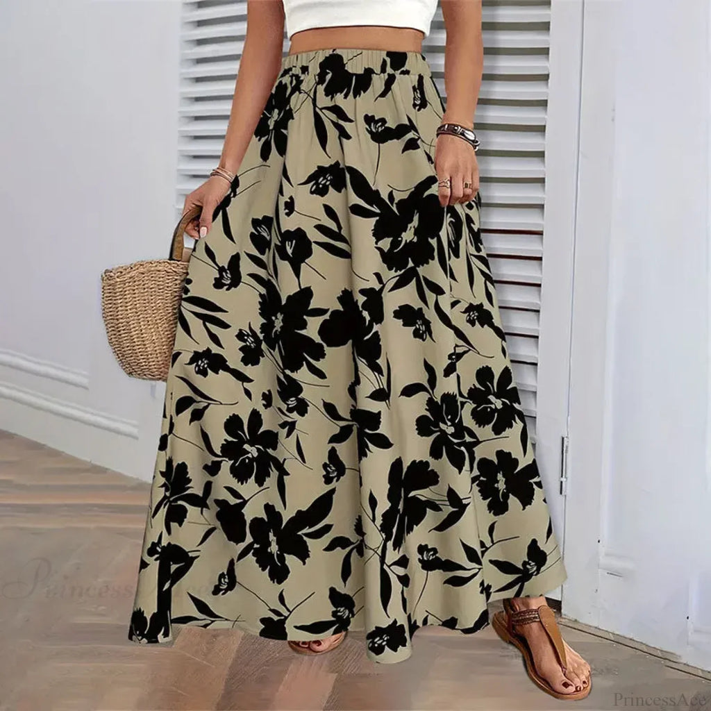 Elastic Waist Flowers Printed A-Line Skirt Summer Elegant