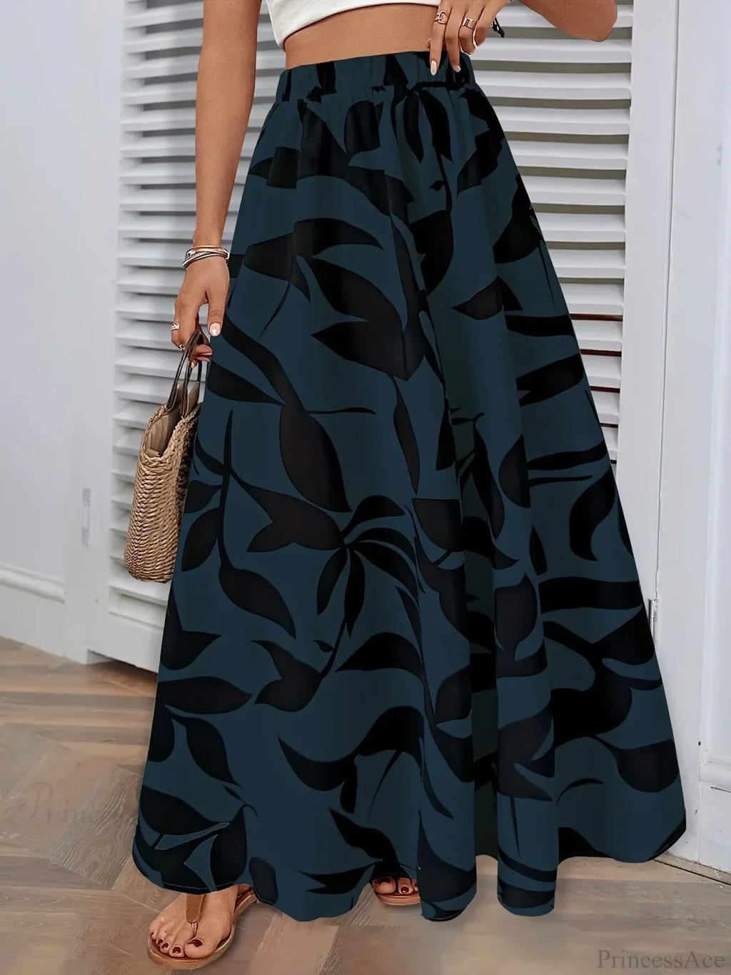 Elastic Waist Flowers Printed A-Line Skirt Summer Elegant