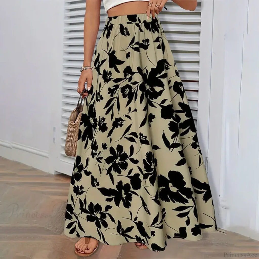 Elastic Waist Flowers Printed A-Line Skirt Summer Elegant