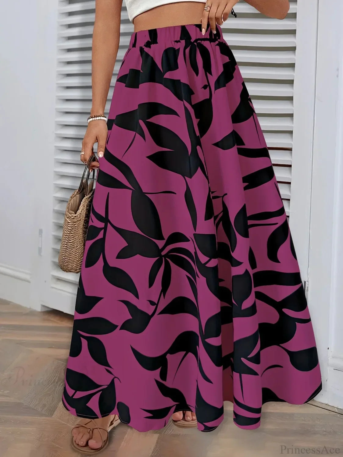 Elastic Waist Flowers Printed A-Line Skirt Summer Elegant