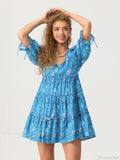Elbow Puff Sleeve V-Neck Tiered Floral Dress