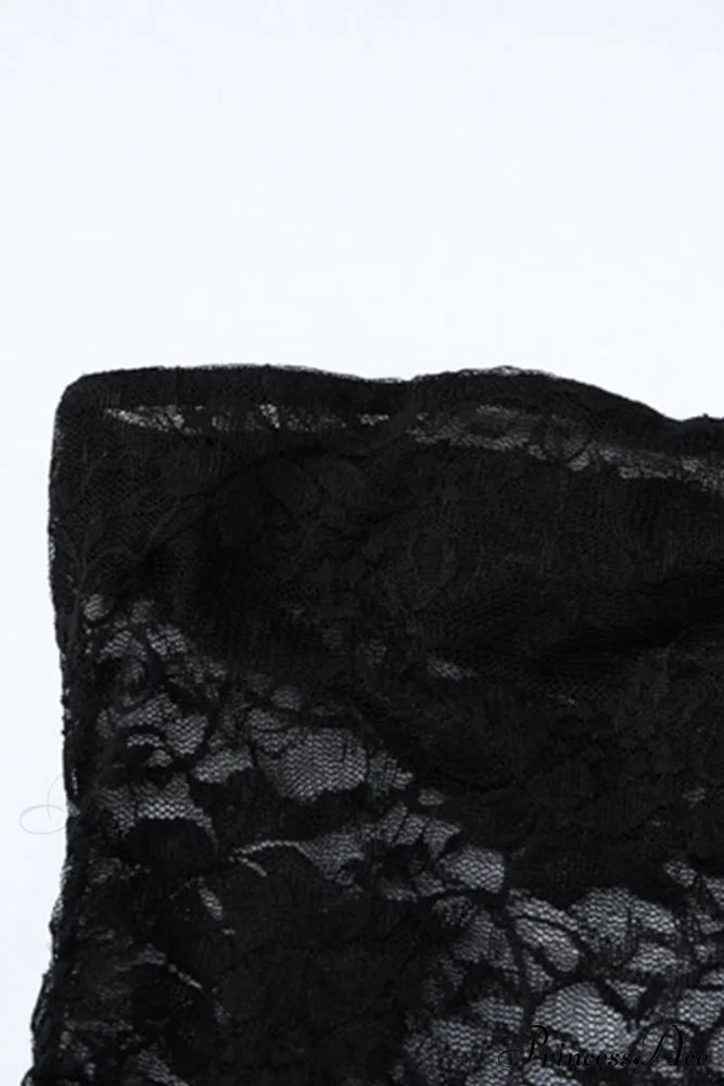 Elegant Black Lace Floral Ribbon Strapless Dress With Slit