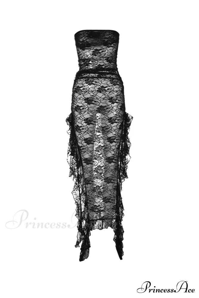 Elegant Black Lace Floral Ribbon Strapless Dress With Slit