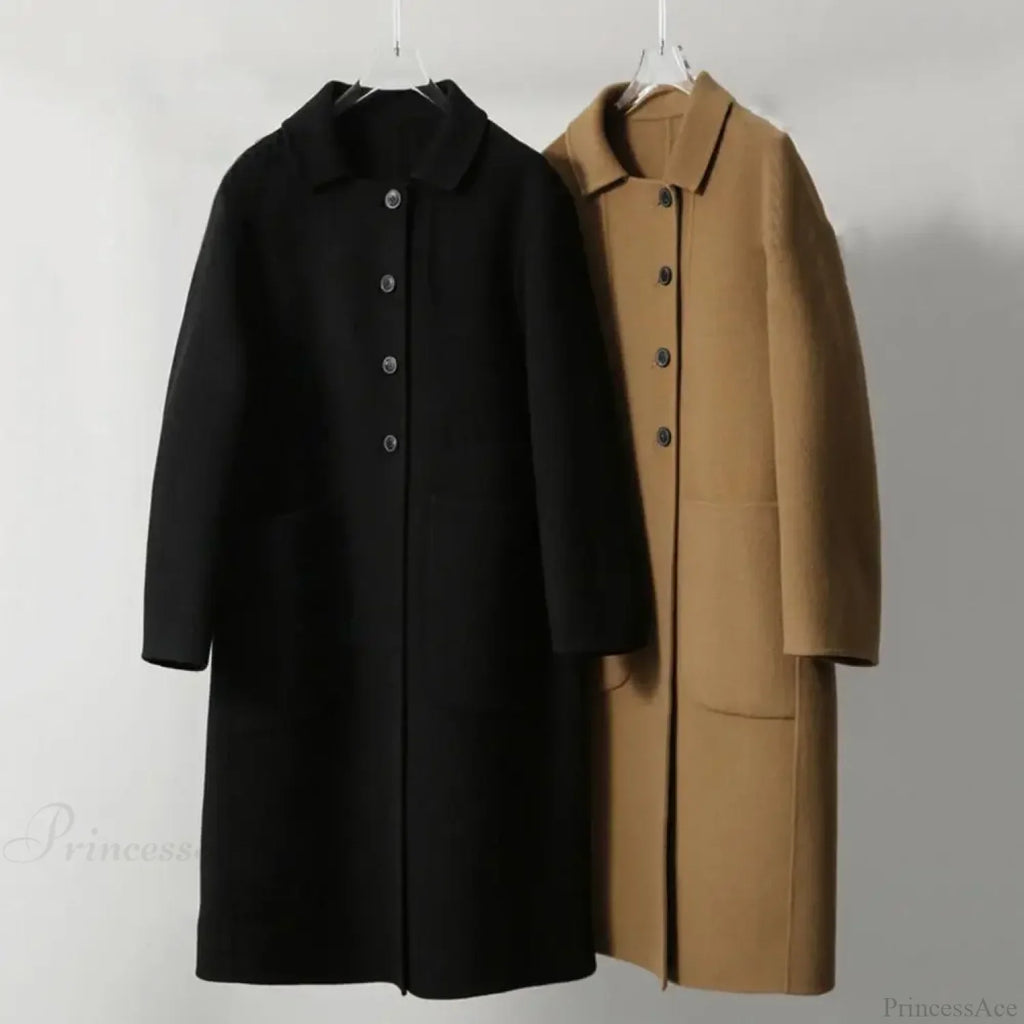 Elegant Black O-Neck Puff Sleeve Overcoat