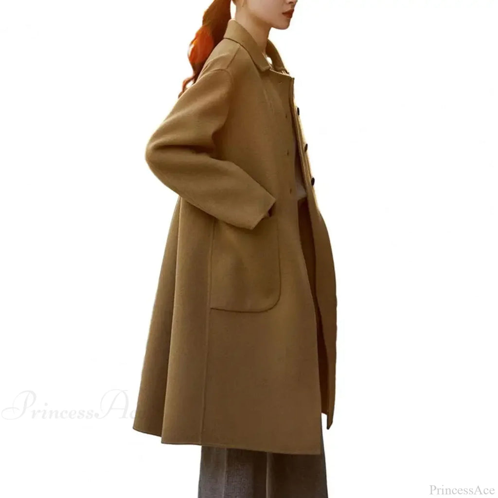Elegant Black O-Neck Puff Sleeve Overcoat