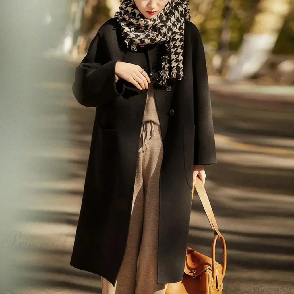 Elegant Black O-Neck Puff Sleeve Overcoat