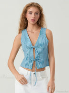 Elegant Bow Tied Front Striped Sleeveless V-Neck Crop Tank