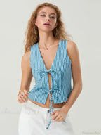 Elegant Bow Tied Front Striped Sleeveless V-Neck Crop Tank