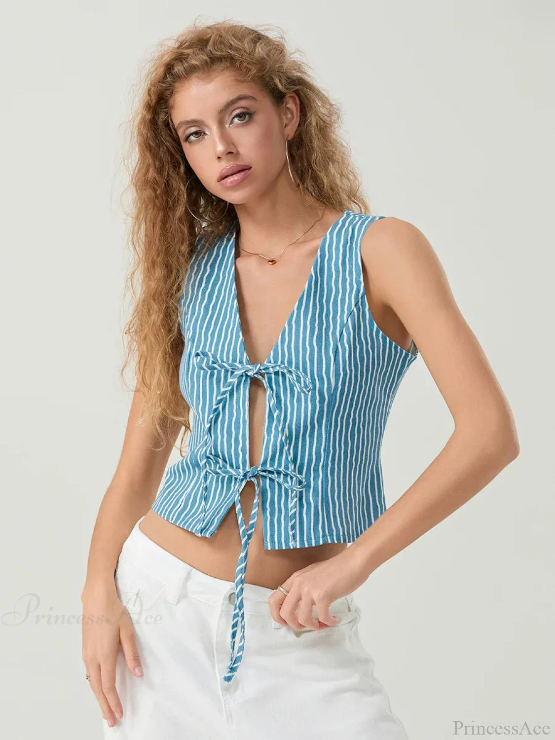 Elegant Bow Tied Front Striped Sleeveless V-Neck Crop Tank