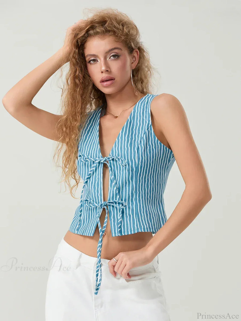 Elegant Bow Tied Front Striped Sleeveless V-Neck Crop Tank