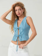 Elegant Bow Tied Front Striped Sleeveless V-Neck Crop Tank