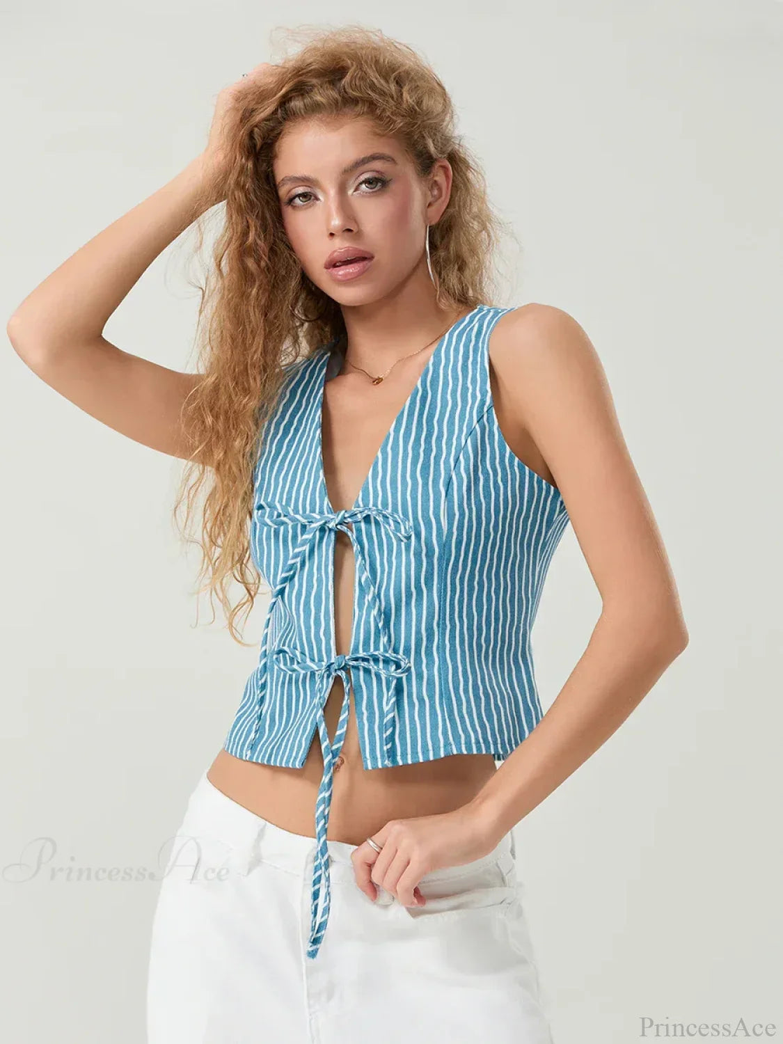 Elegant Bow Tied Front Striped Sleeveless V-Neck Crop Tank