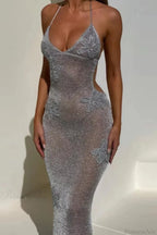 Elegant Deep V-Neck Spaghetti Strap Fitted Sheer Backless Evening Dress