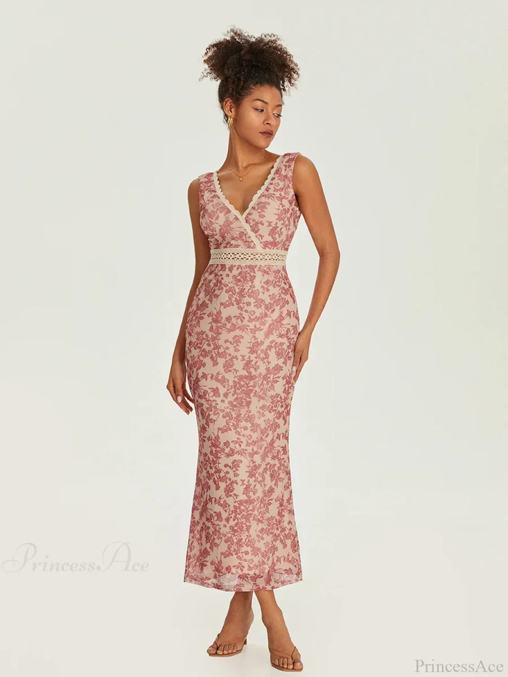 Elegant Floral Fishtail Lace Trim Wrap V-Neck Bodycon Dress