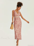 Elegant Floral Fishtail Lace Trim Wrap V-Neck Bodycon Dress