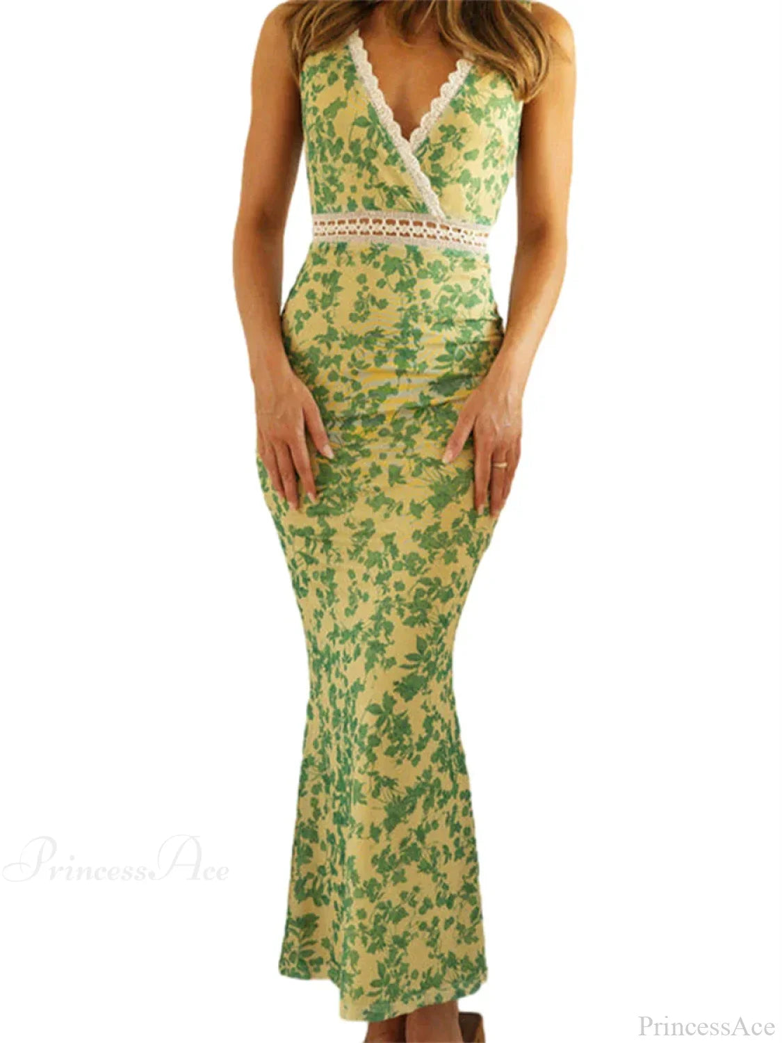 Elegant Floral Fishtail Lace Trim Wrap V-Neck Bodycon Dress