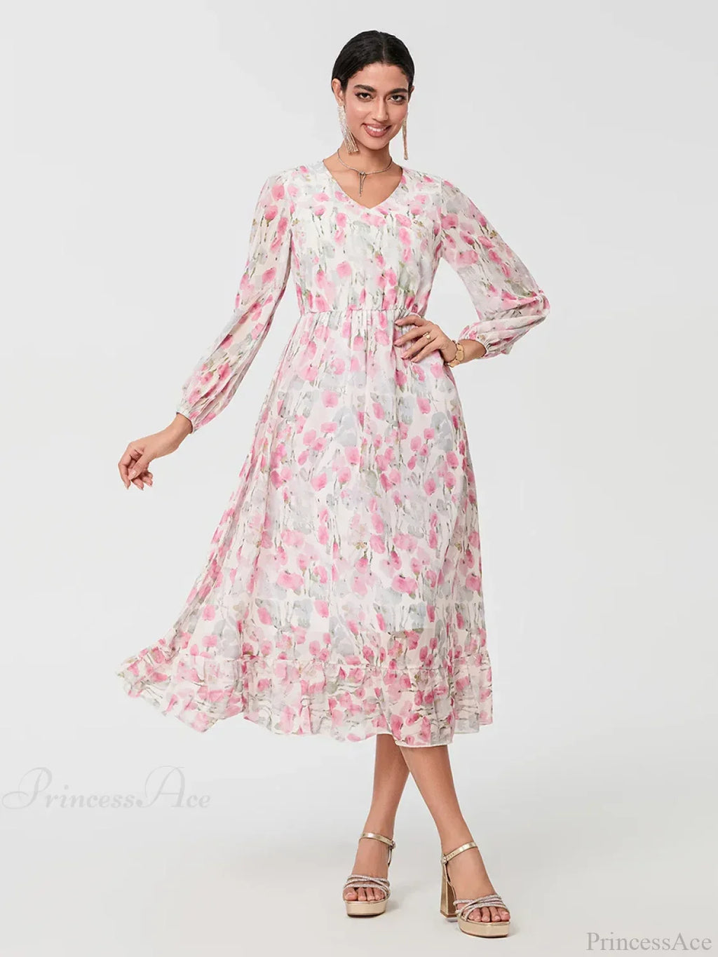 Elegant Floral Flowing Long Sleeve A-Line Dress