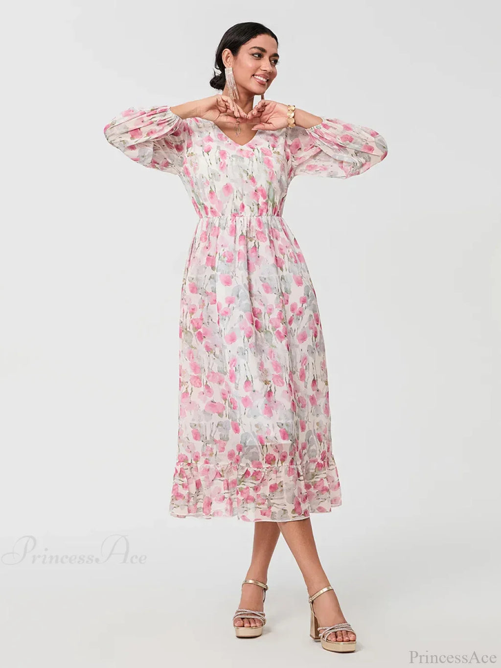Elegant Floral Flowing Long Sleeve A-Line Dress