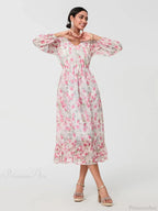 Elegant Floral Flowing Long Sleeve A-Line Dress