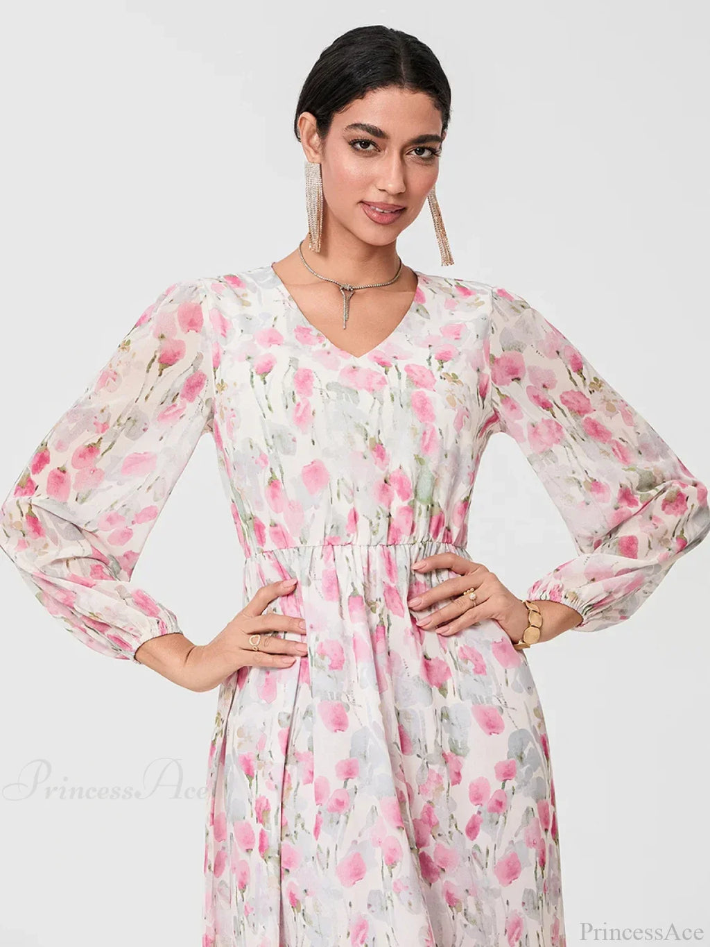 Elegant Floral Flowing Long Sleeve A-Line Dress