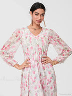 Elegant Floral Flowing Long Sleeve A-Line Dress