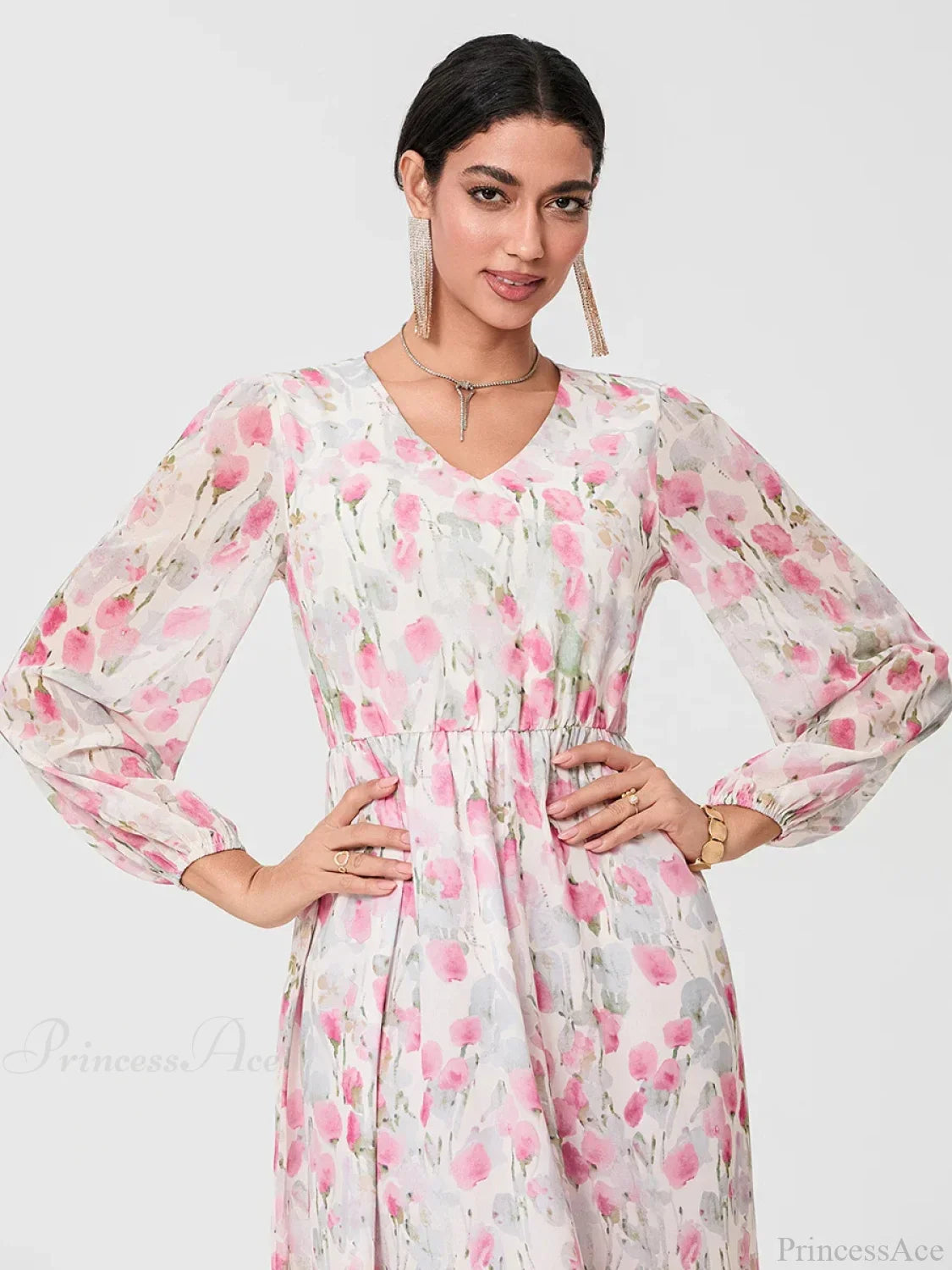 Elegant Floral Flowing Long Sleeve A-Line Dress