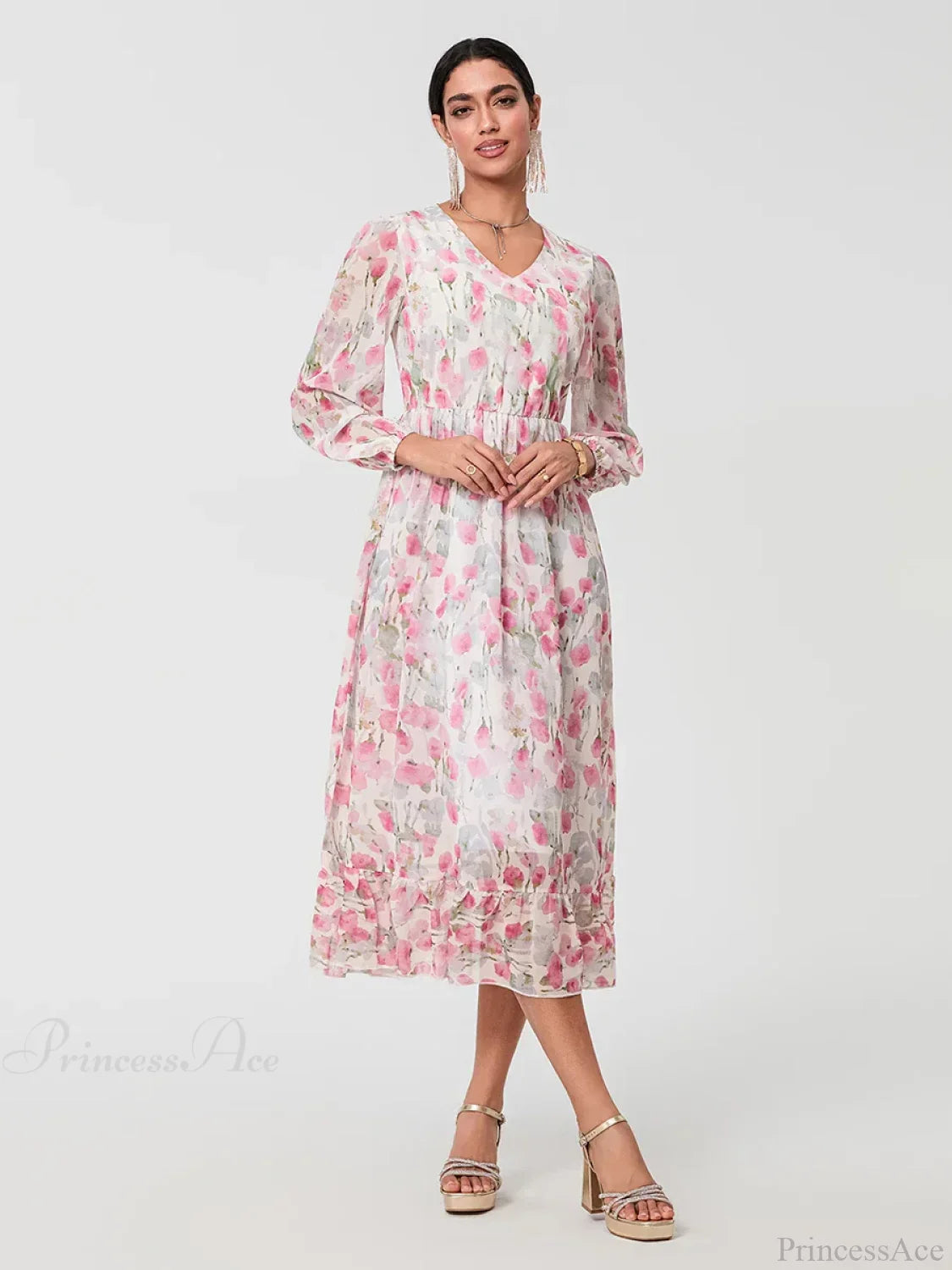 Elegant Floral Flowing Long Sleeve A-Line Dress