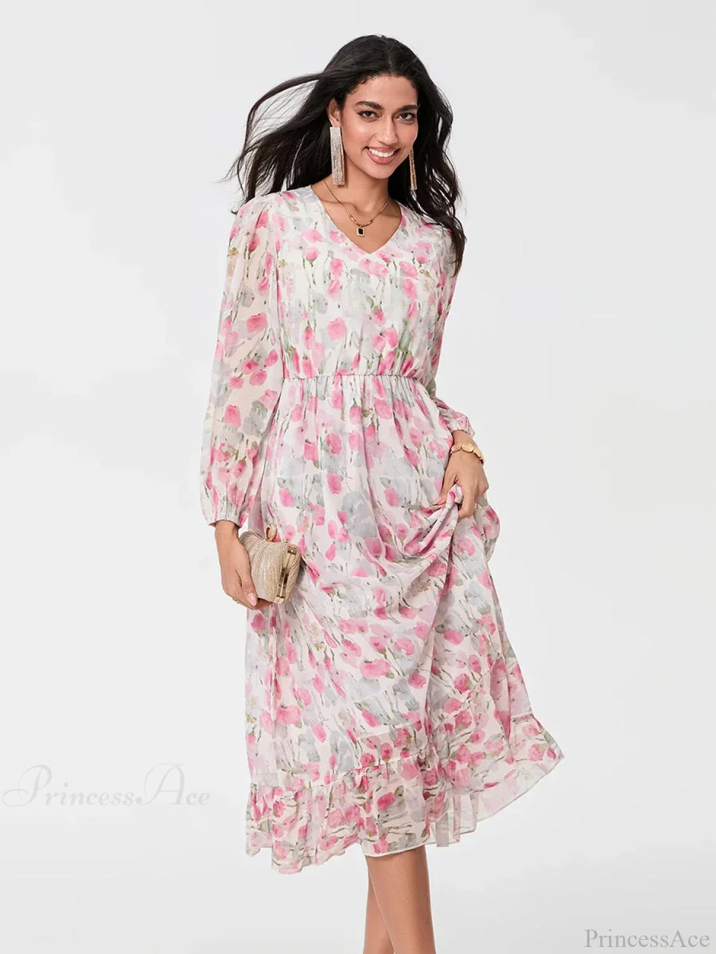 Elegant Floral Flowing Long Sleeve A-Line Dress