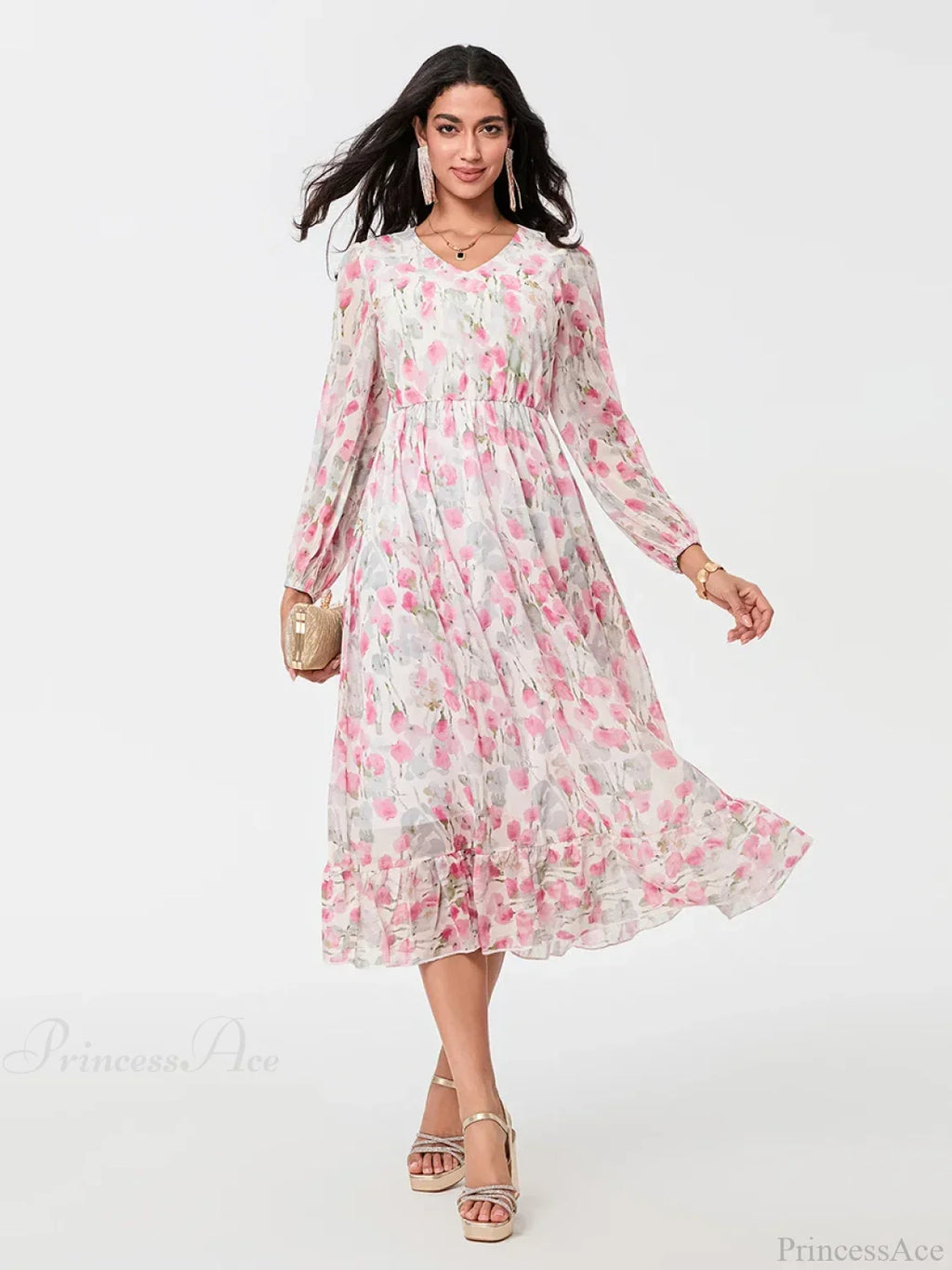 Elegant Floral Flowing Long Sleeve A-Line Dress