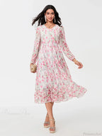 Elegant Floral Flowing Long Sleeve A-Line Dress